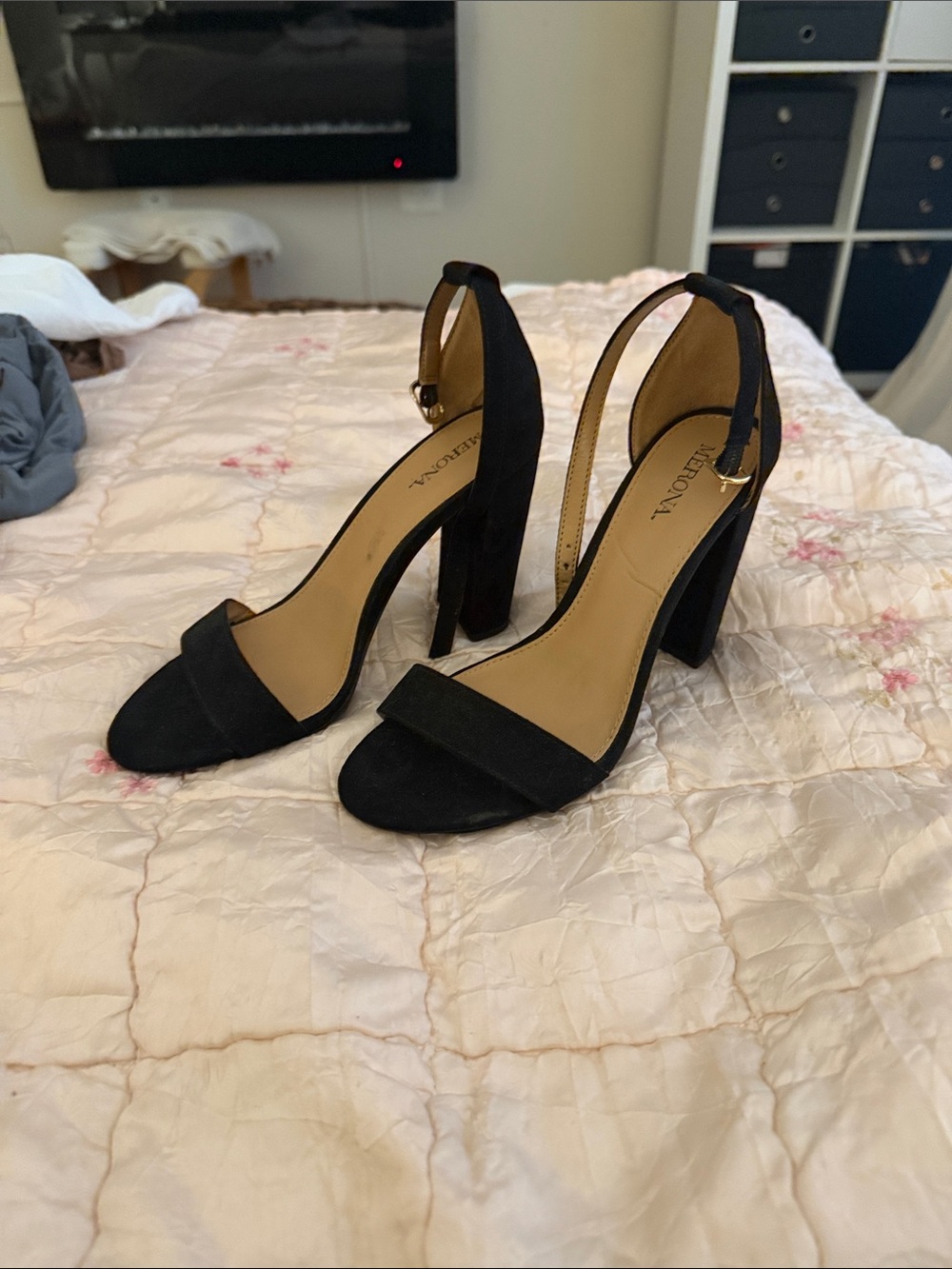 Verona Faux  Black Suede Ankle Strap Block Heels